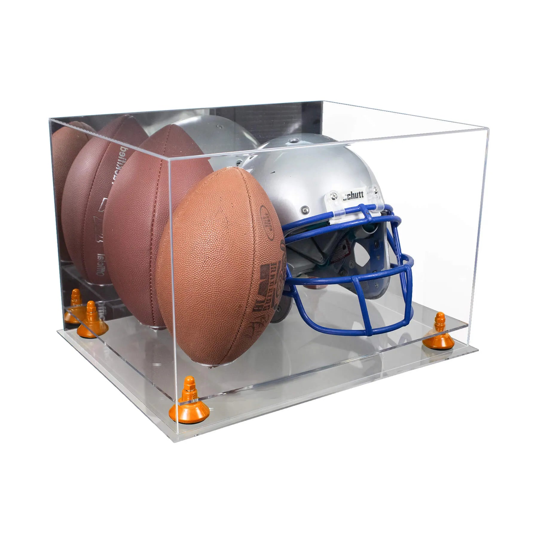 Acrylic Full-Size Football and Helmet Display Case with Mirror Back Clear Base / Green Risers / No Wall Mount Acrylic Full-Size Football and Helmet Display Case with Mirror Back Clear Base / Green Risers / No Wall Mount