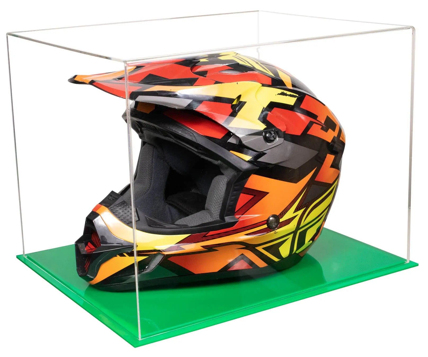 Better Display Cases Acrylic Motorcycle or Motocross Helmet Display Case with Clear Case and Green Base