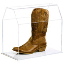 Acrylic cowboy boot display case with white base for collectible boot display