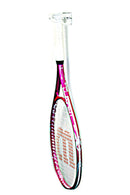 Standard-size tennis racket displayed on clear acrylic wall mount