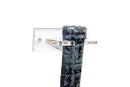 Close-up of clear acrylic tennis racket wall mount bracket
