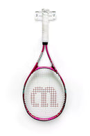 Clear acrylic tennis racket wall mount displaying a tennis racket