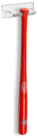 Mini baseball bat mounted on wall with clear acrylic display bracket