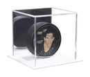 Hockey puck memorabilia display case with mirrored back for enhanced presentation