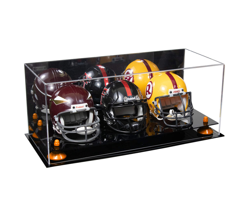 Acrylic Three Mini - Miniature Football Helmet (not Full Size) Display Case - Mirror No Wall Mount (V47/A103)