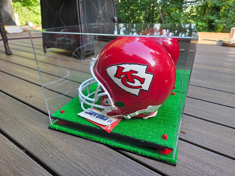 case for old football helmet Display (Wall Mounting/Free Standing) Black mounted display case hinges open Clear Acrylic Football Helmet Display