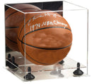 Front view of clear acrylic full size basketball display case with two-tier base