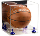 Full size basketball displayed in clear acrylic case with colored metal risers