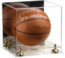 Close-up of two-tier acrylic basketball display case base and metal risers