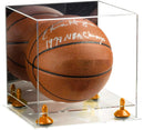 Full size basketball showcased in an acrylic display case for sports memorabilia