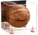 Close-up of two-tier acrylic basketball display case base and metal risers
