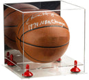 Front view of clear acrylic full size basketball display case with two-tier base
