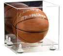 Full size basketball displayed in clear acrylic case with colored metal risers