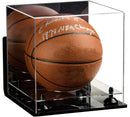 Angled view of acrylic full size basketball display case with mirror back and wall mounts