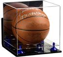 Side view of full size basketball display case with clear acrylic construction and mirror back