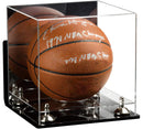 Full size basketball showcased in a clear acrylic display case with mirror back