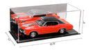 Acrylic display case with clear panels and black display base