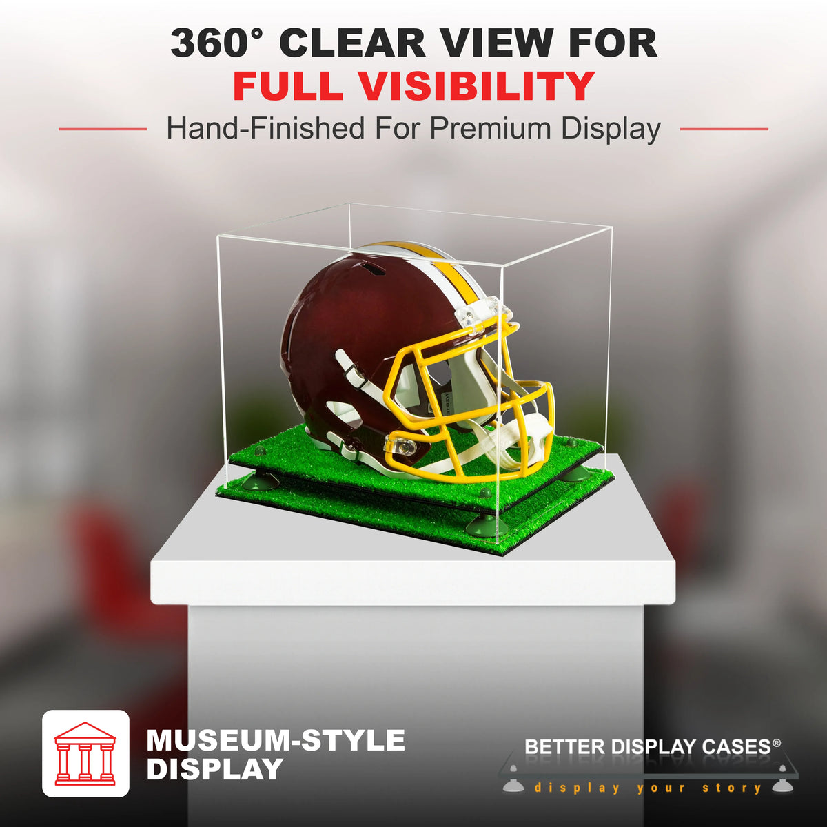 football helmet caddy Clear Acrylic Football Helmet Display Case with Pink Risers and Turf Base (A002-PNR)