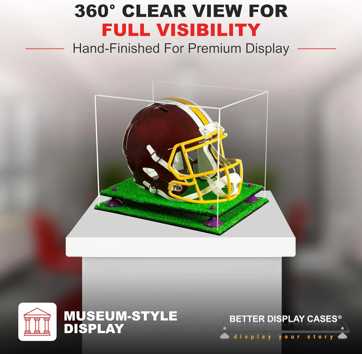 Clear Acrylic Football Helmet Display Case with Pink Risers and Turf Base (A002-PNR) Clear Acrylic Football Helmet Display Case with Pink Risers and Turf Base (A002-PNR)