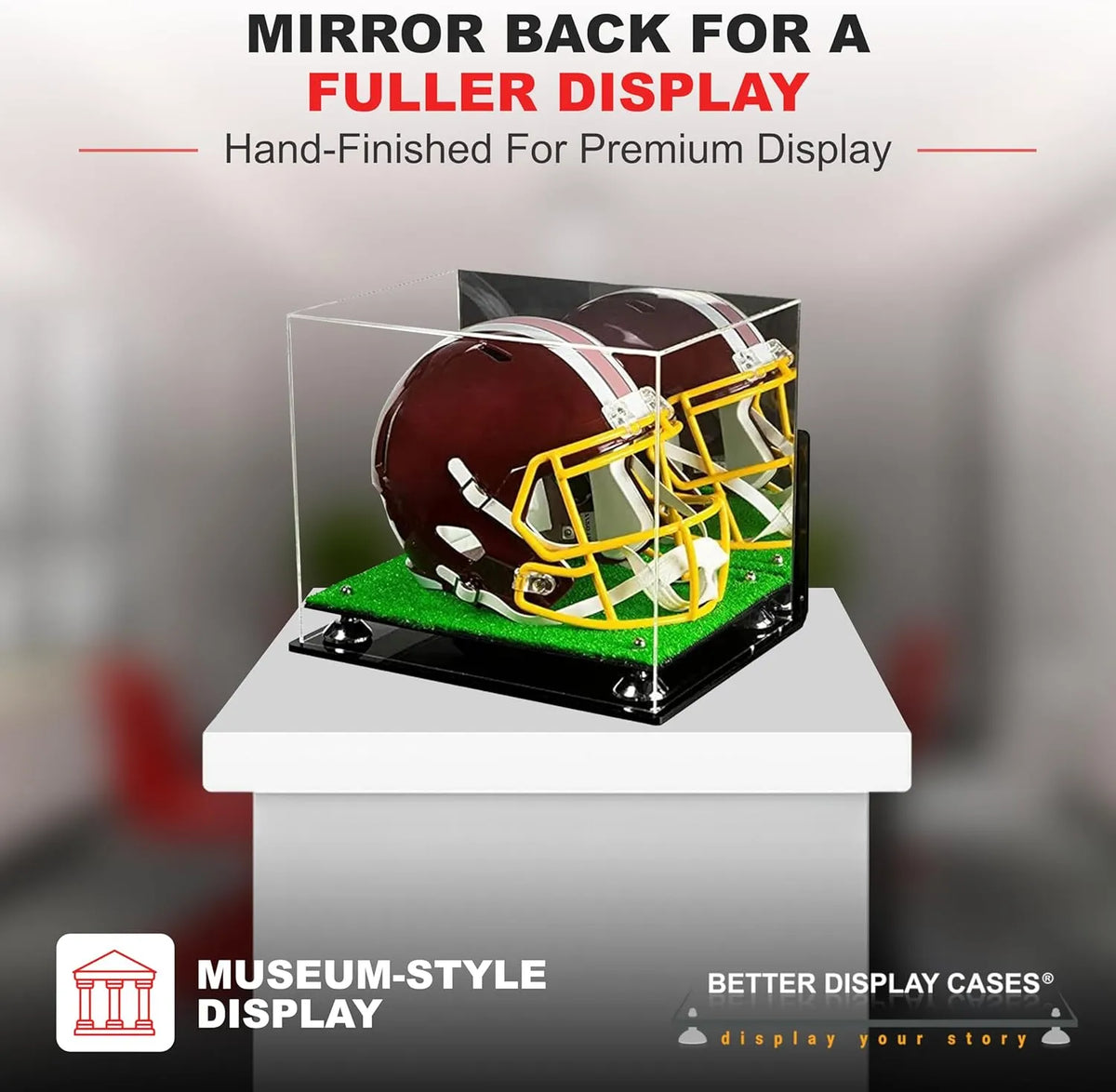 Deluxe Acrylic Football Helmet Display Case with Silver Risers, Mirror, Turf Base and Wall Mount (a002-sr)