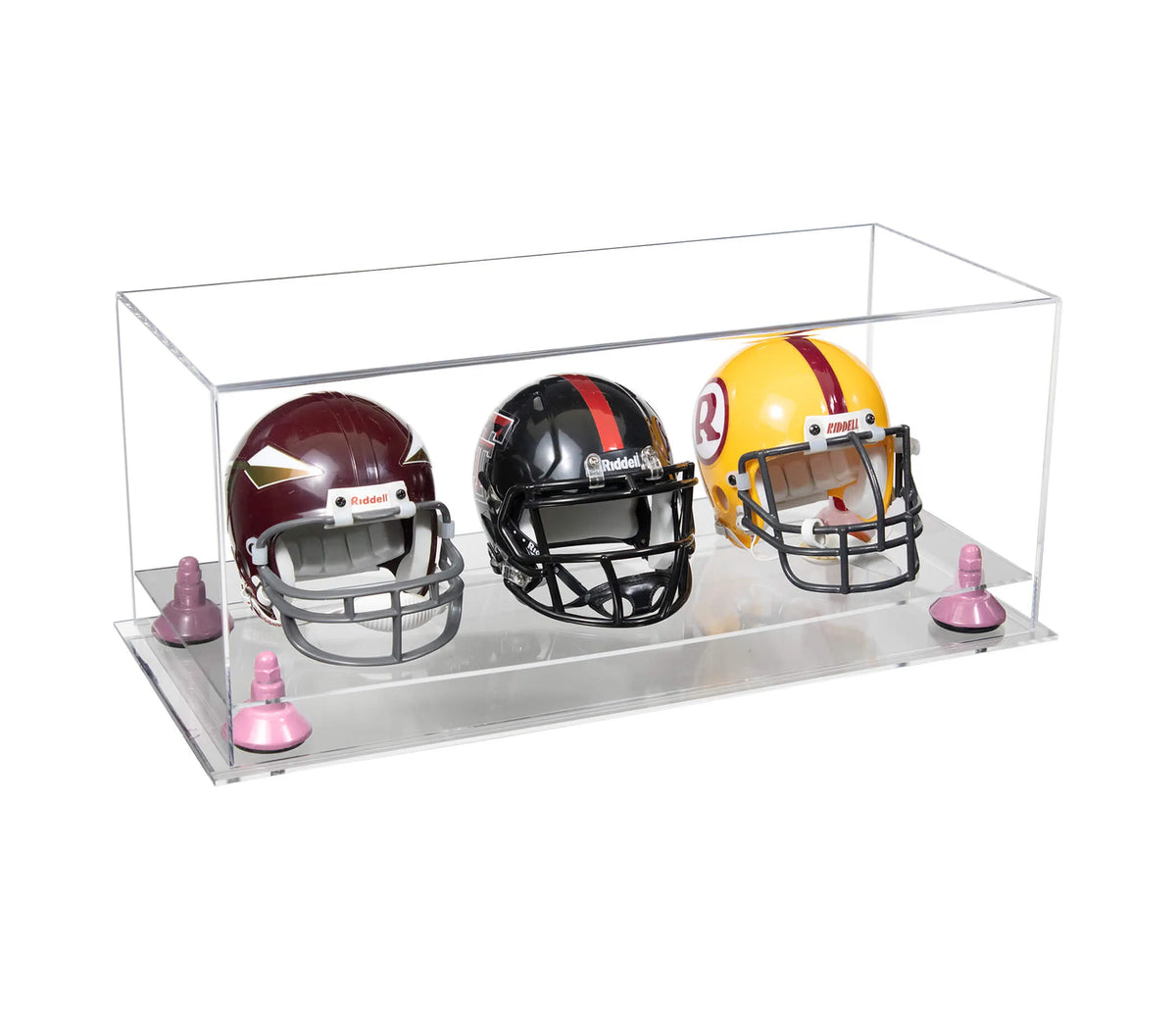 Acrylic Three Miniature Football Helmet Display Case Clear Base / Orange Risers