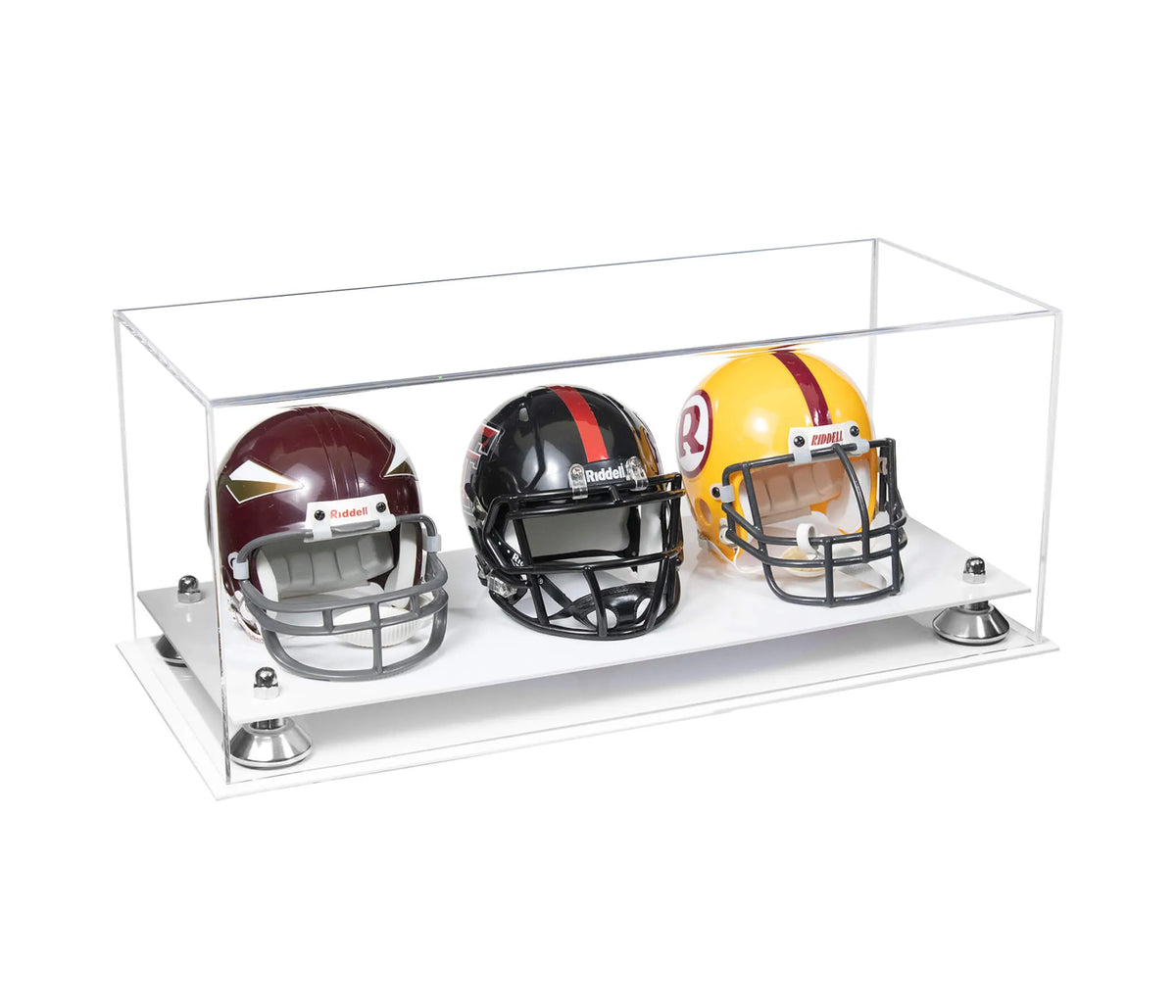 Acrylic Three Miniature Football Helmet Display Case Mirror Base / Green Risers