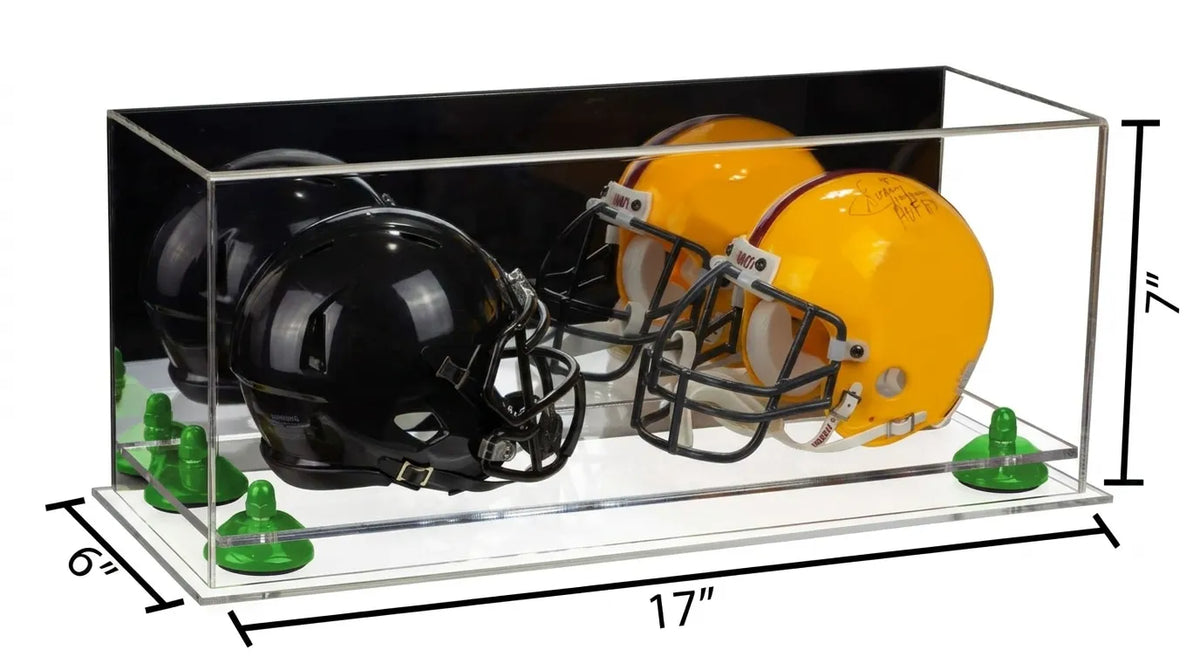 Better Display Cases 2 Mini Football Helmet Display Case (not Full Size) Mirror and Clear Acrylic Plexiglass with Gold Risers and Turf Base (a019-gr)