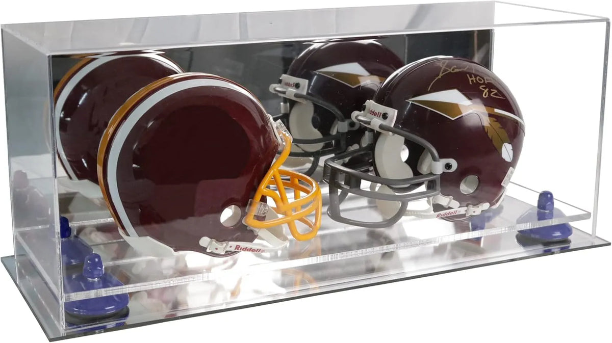 american football helmet wall mount Better Display Cases Acrylic 2 Mini Football Helmet (not Full Size) Display Case with Mirror Case, Red Risers and Mirror Base (V46/A019)