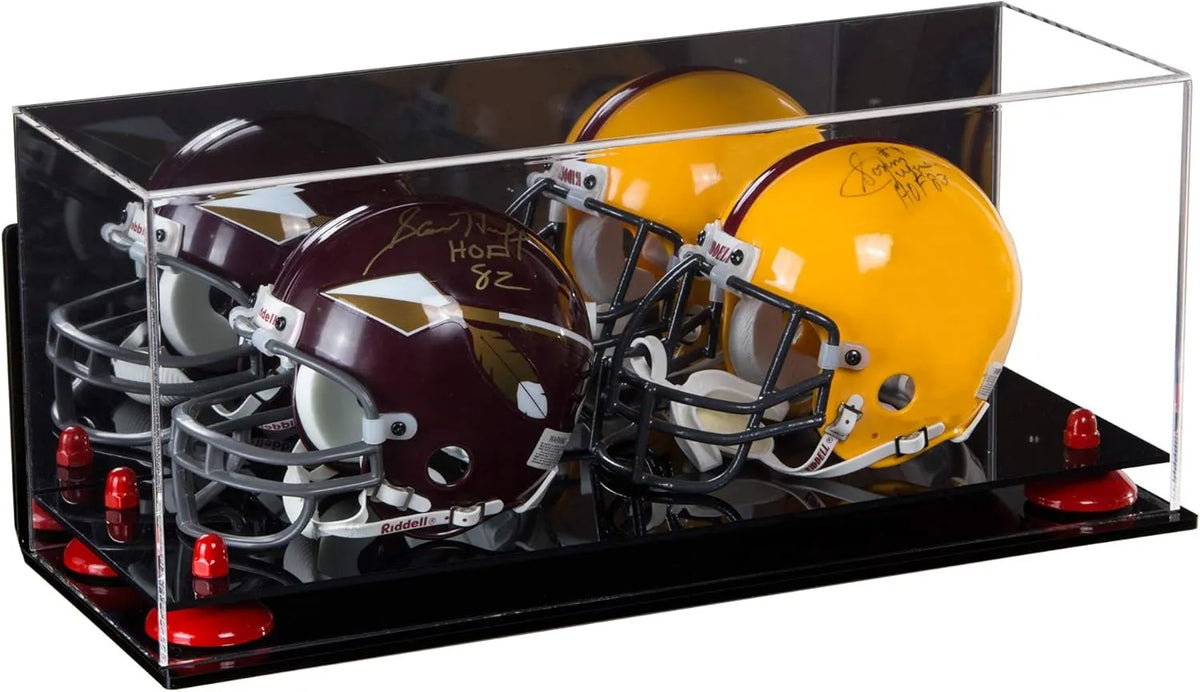 2 Mini Football Helmet Display Case (not Full Size) Clear Acrylic Plexiglass with Mirror, Wall Mount, Black Risers and Clear Base (a019-br)
