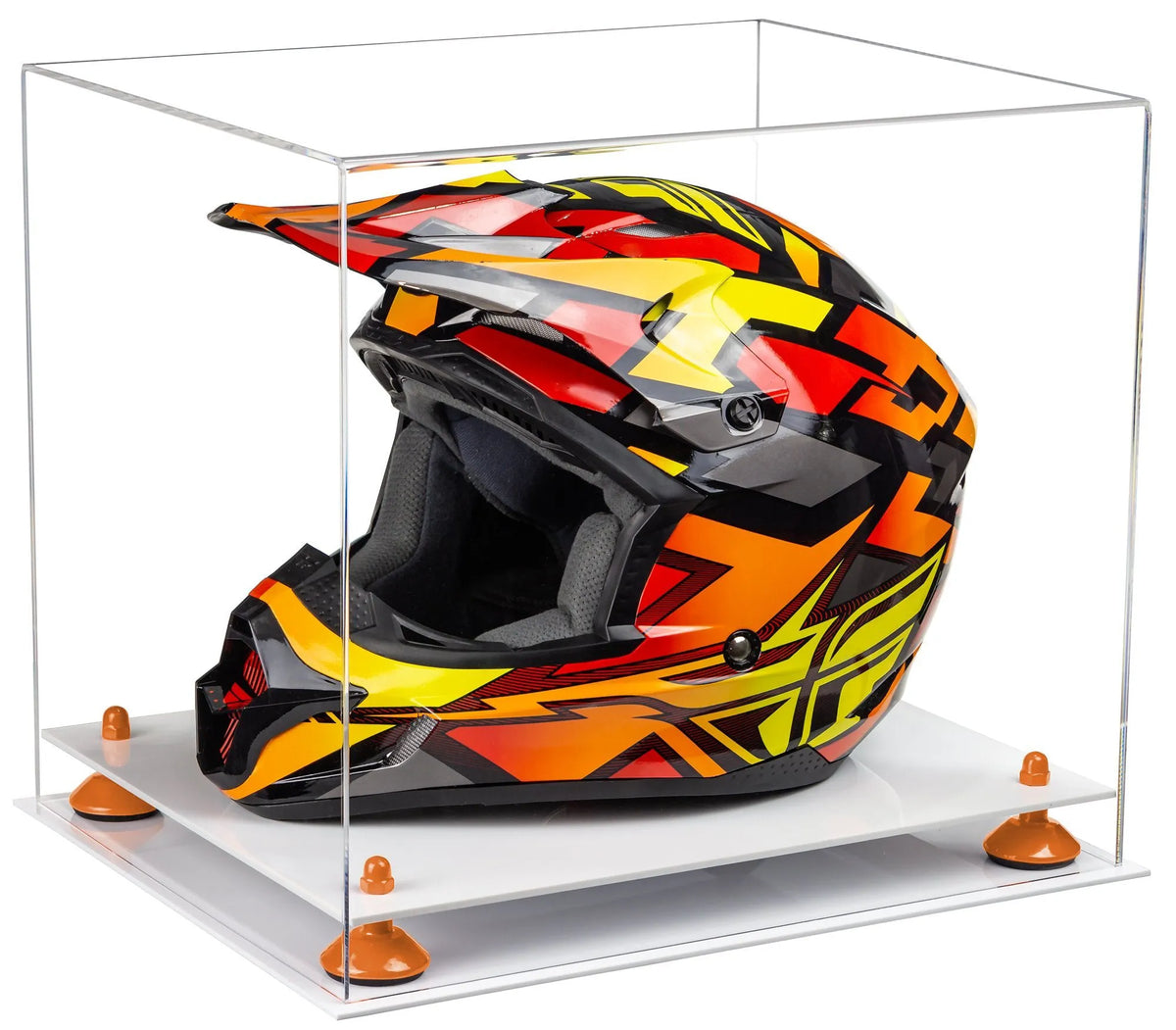 White Base Acrylic Motorcycle Nascar or Motocross Racing Helmet Display Case Clear - White Base / Gold Risers