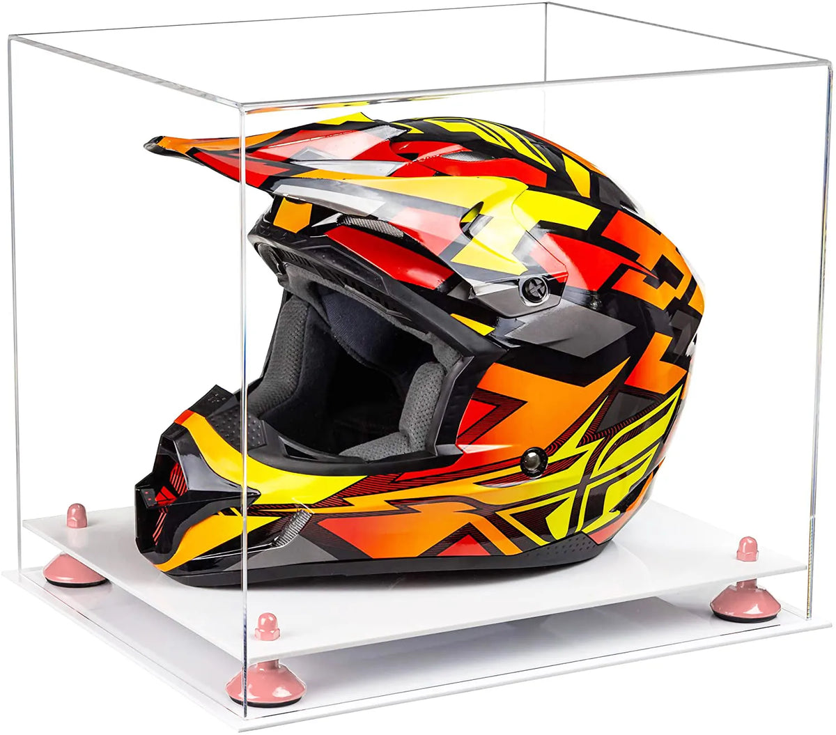 White Base Acrylic Motorcycle Nascar or Motocross Racing Helmet Display Case Clear - White Base / Silver Risers