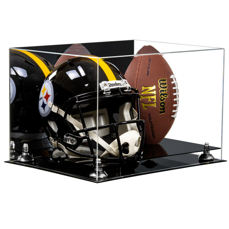 Acrylic Full-Size Football and Helmet Display Case - Large Rectangle Box with Mirror Top 18" x 14" x 12" (A014, V60)