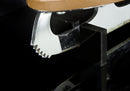 Side view of acrylic ice skate display case showing clear panels and black base