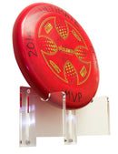 Close-up of clear acrylic disc golf wall mount bracket showing its curved support design