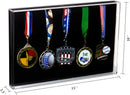 Military medals and awards display case with five evenly spaced medal holders