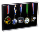 Medal and award collector display case with black acrylic backing and five medal slots
