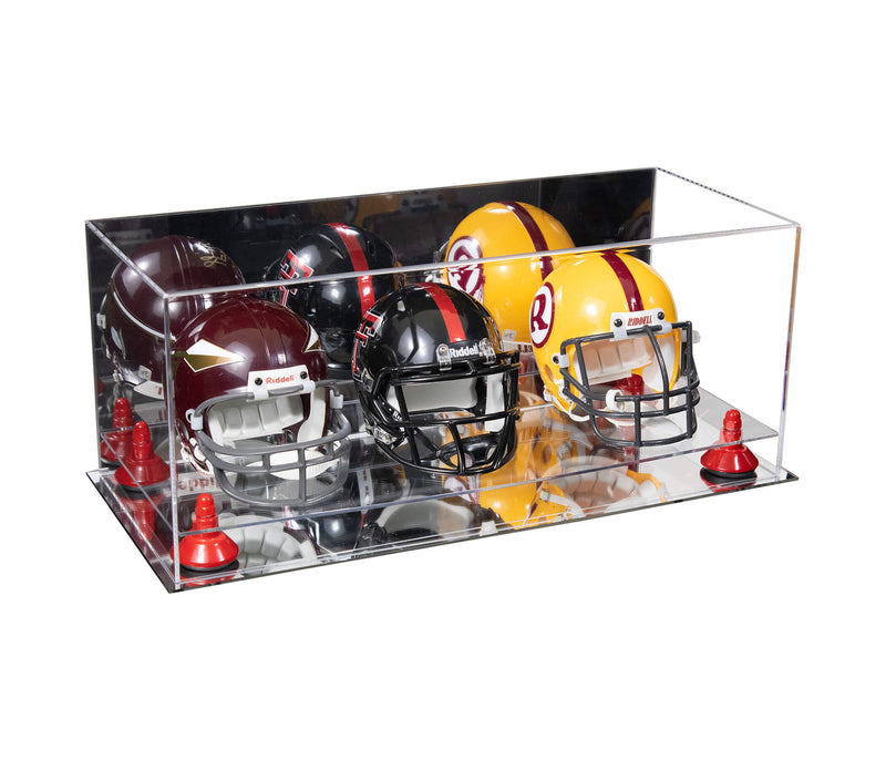 Acrylic Three Mini - Miniature Football Helmet (not Full Size) Display Case - Mirror No Wall Mount (V47/A103)