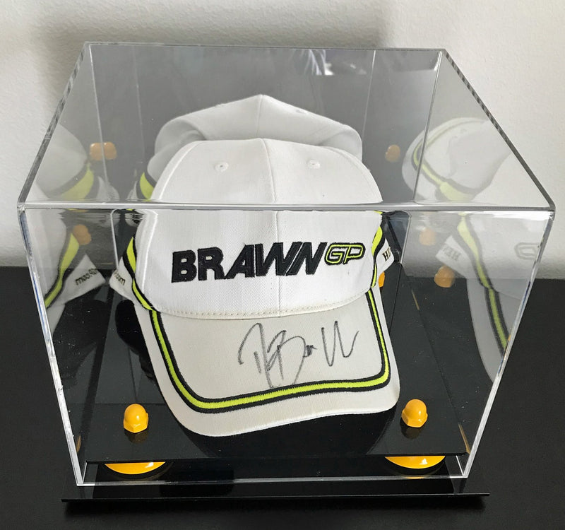 Baseball Cap or Hat Display Case with Mirror and Yellow Risers