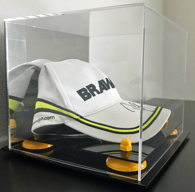Baseball Cap or Hat Display Case with Mirror and Yellow Risers