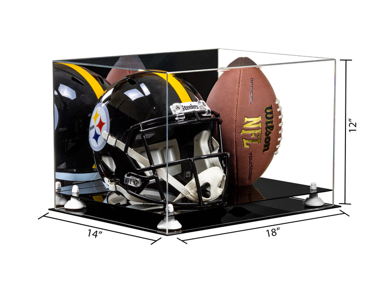 Acrylic Full-Size Football and Helmet Display Case - Large Rectangle Box with Mirror Top 18" x 14" x 12" (A014, V60)