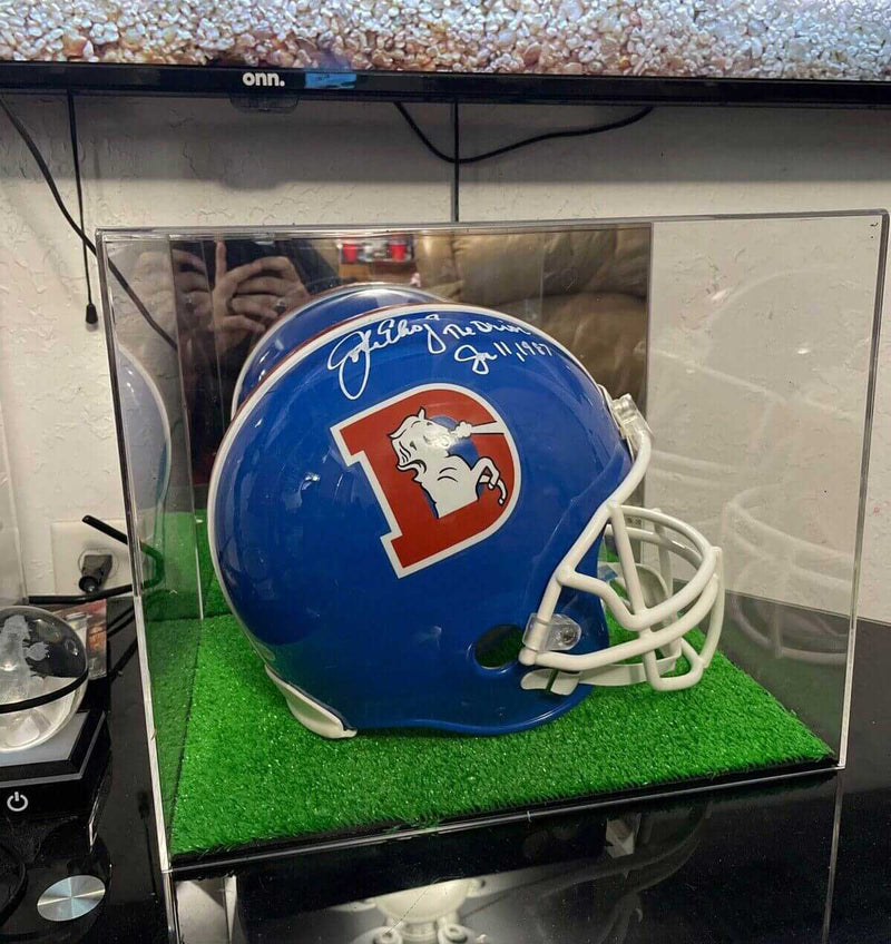 John Elway autographed football helmet display case